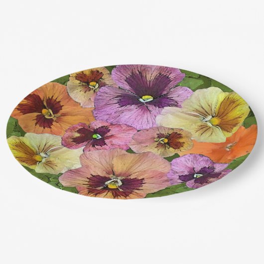 Orangefarbene Stiefmütterchen überall auf botanisc Pappteller (Schrägansicht)