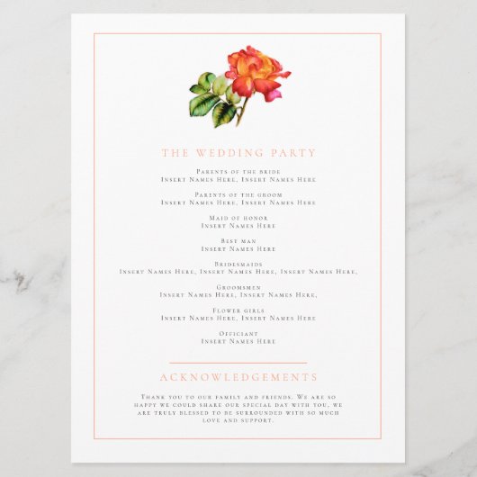 Orangefarbene Streifen Rose Aquarellfarben Hochzei Programm (Rückseite)