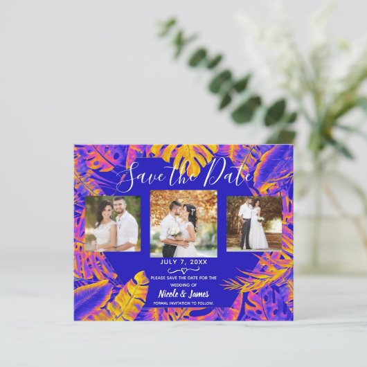 Orangefarbene tropische Blätter Save the Date (Stehend Vorderseite)