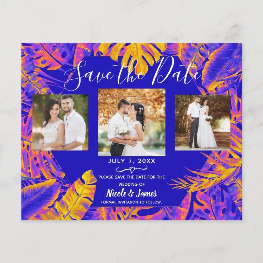 Orangefarbene tropische Blätter Save the Date (Vorderseite)