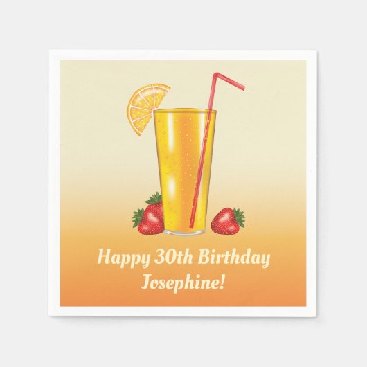 Orangefarbene tropische Getränke und Erdbeeren zum Serviette (Vorderseite)