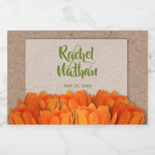Orangefarbene Tulips für Kraft Wedding Mini Schaumweinetikett (Einzelnes Label)