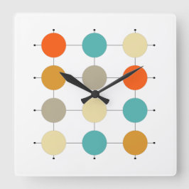 Orangefarbene, türkisfarbene Kreise auf dem Gitter Quadratische Wanduhr