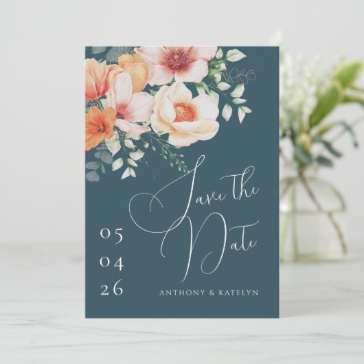 Orangefarbene und Aquamarine Blauer Frühlingssehen Save The Date (Stehend Vorderseite)