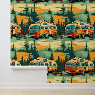 Orangefarbene und Aquamarine Blue Retro Campers Tapete