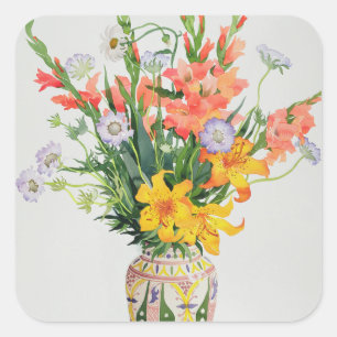 Orangefarbene und blaue Blumen in einer marokkanis Quadratischer Aufkleber