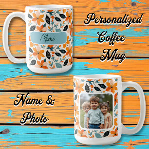 Orangefarbene und blaue Folien und Blume Personali Kaffeetasse