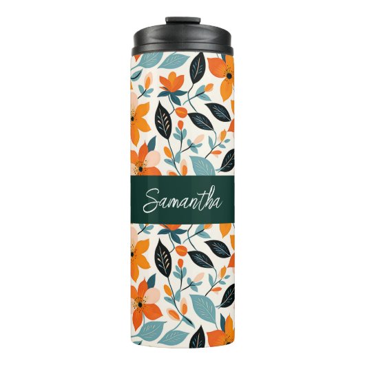 Orangefarbene und blaue Folien und Blume Personali Thermosbecher (Vorderseite)