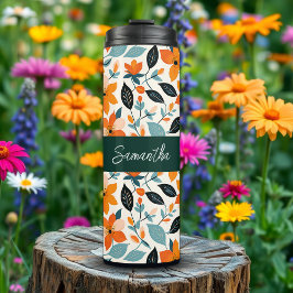 Orangefarbene und blaue Folien und Blume Personali Thermosbecher