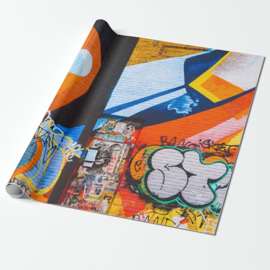 Orangefarbene und blaue Graffiti Geschenkpapier (Ungerollt)