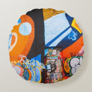 Orangefarbene und blaue Graffiti Rundes Kissen