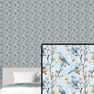 Orangefarbene und blaue Vögel mit Blüten auf blass Tapete