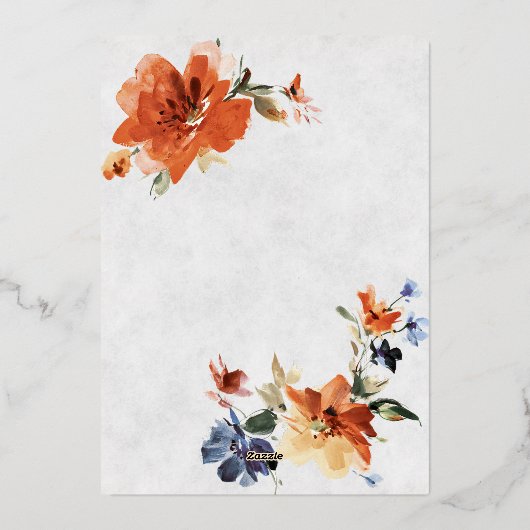 Orangefarbene und blaue Wasserfarben Folieneinladung (Rückseite)