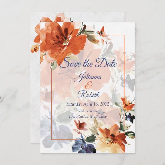 Orangefarbene und blaue Wasserfarben Save The Date (Vorne/Hinten)