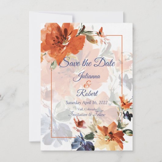 Orangefarbene und blaue Wasserfarben Save The Date (Vorderseite)