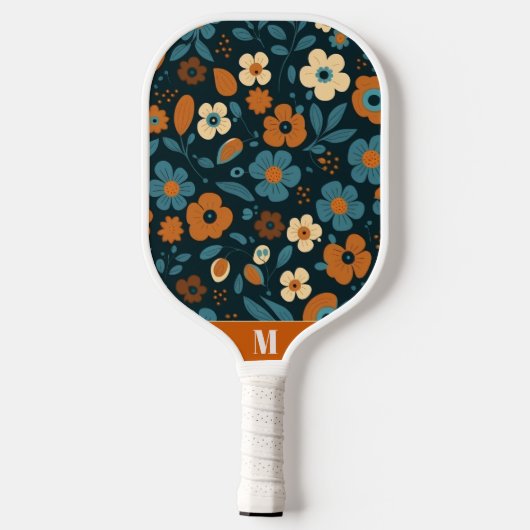 Orangefarbene und bläuliche Blüten Moderne Monogra Pickleball Schläger (Rückseite)
