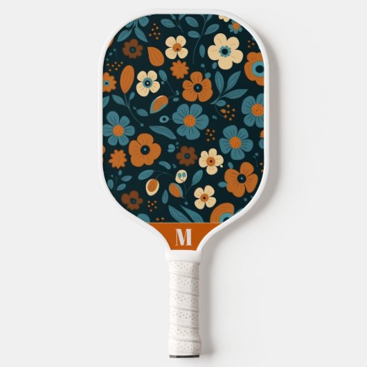 Orangefarbene und bläuliche Blüten Moderne Monogra Pickleball Schläger (Vorderseite)