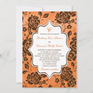 Orangefarbene und braune Flora Damask Einladung zu