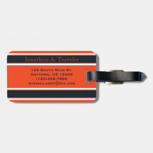 Orangefarbene und braune Sportstreifen Personalisi Gepäckanhänger (Rückseite horizontal)