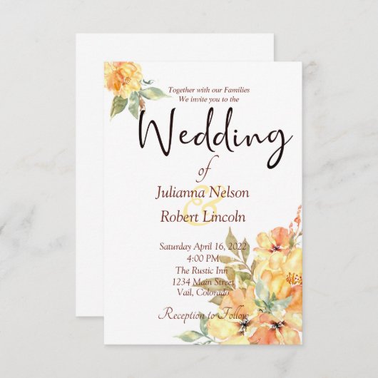Orangefarbene und gelbe Aquarellfarben Hochzeit mi Einladung (Vorne/Hinten)
