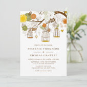 Orangefarbene und gelbe hangende Birdcages Hochzei Einladung (Stehend Vorderseite)