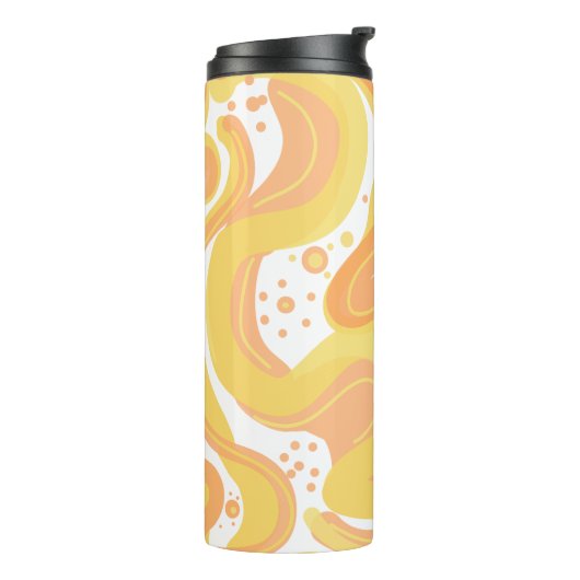 Orangefarbene und gelbe Wirbel mit Punkten Thermosbecher (Nach links gedreht)