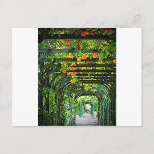 Orangefarbene und gelbe Zitronen auf grünen Trelli Postkarte