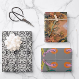 Orangefarbene und graue Blume und Doodles Geschenkpapier Set