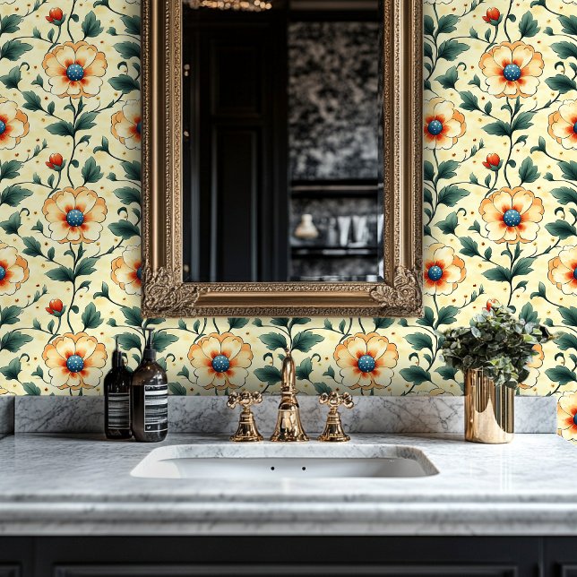 Orangefarbene und grüne botanische Designhaut Tapete (Von Creator hochgeladen)