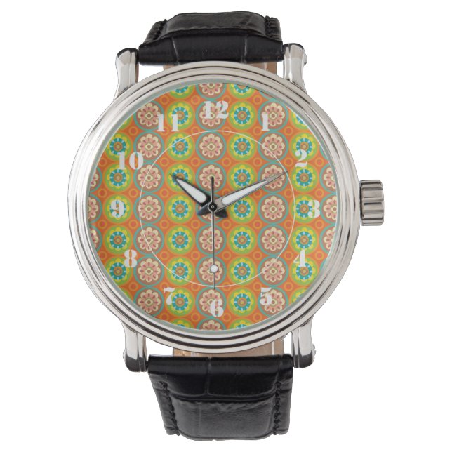 Orangefarbene und grüne Pflanzenmuster Armbanduhr (Vorderseite)