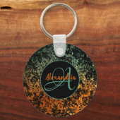 Orangefarbene und grüne schwarze Blütenmonogramm Schlüsselanhänger (Rückseite)