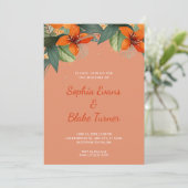 Orangefarbene und grüne tropische Orangenhochzeit Einladung (Stehend Vorderseite)