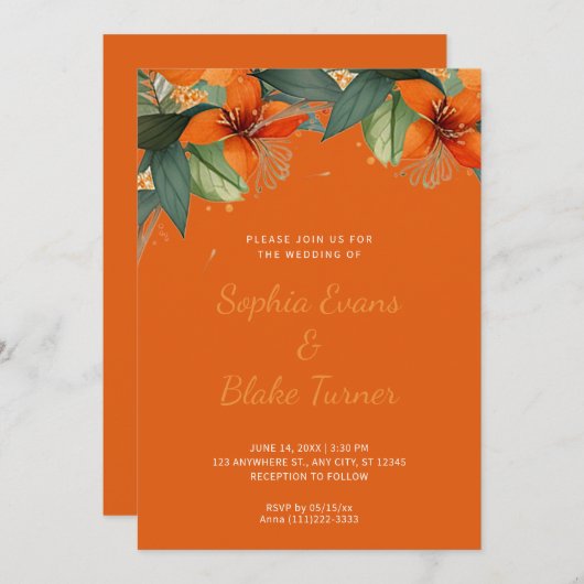 Orangefarbene und grüne tropische Orangenhochzeit Einladung (Vorne/Hinten)