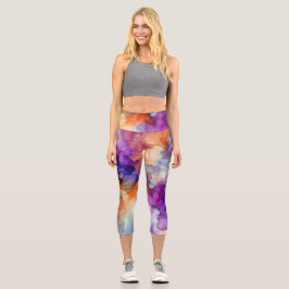 Orangefarbene und Lila Alkoholtinte Abstrakt Capri Leggings