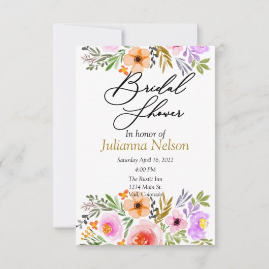 Orangefarbene und lila Aquarellblumen Einladung (Vorderseite)
