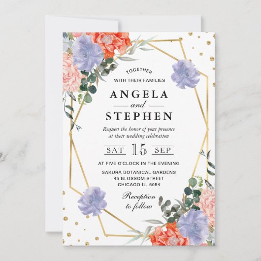 Orangefarbene und lila Blumen Goldrahmen Hochzeit Einladung (Vorderseite)