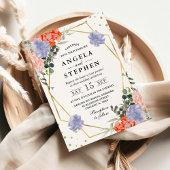 Orangefarbene und lila Blumen Goldrahmen Hochzeit Einladung
