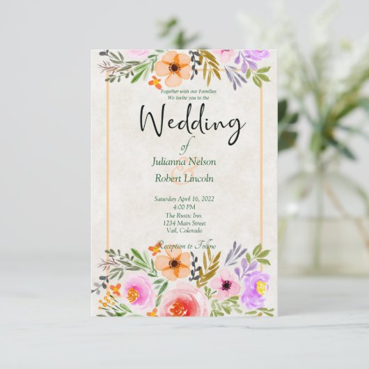 Orangefarbene und lila Hochzeit mit Blumen Einladung (Stehend Vorderseite)