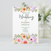 Orangefarbene und lila Hochzeit mit Blumen Einladung (Stehend Vorderseite)