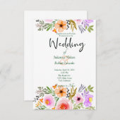 Orangefarbene und lila Hochzeit mit Blumen Einladung (Vorne/Hinten)