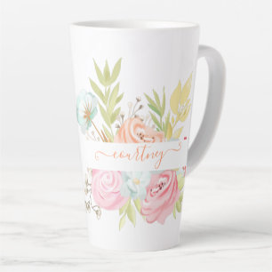 Orangefarbene und rosa Aquarellblumen personalisie Milchtasse