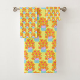 Orangefarbene und rosa Frühlingsblumen Badhandtuch Set