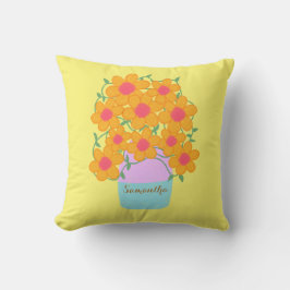 Orangefarbene und rosa Frühlingsblumen Kissen