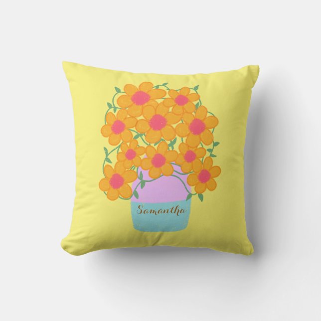 Orangefarbene und rosa Frühlingsblumen Kissen (Vorderseite)