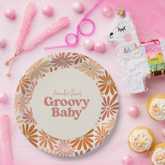 Orangefarbene und rosa Retro Blumenstrauß Kinderdu Pappteller (Party)