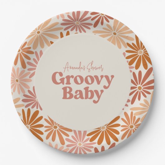 Orangefarbene und rosa Retro Blumenstrauß Kinderdu Pappteller (Vorderseite)