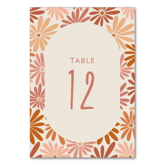 Orangefarbene und rosa Retro Blumenstrauß Kinderdu Tischnummer (Rückseite)