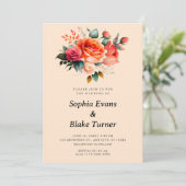 Orangefarbene und rosa Rosenblütenhochzeit Einladung (Stehend Vorderseite)