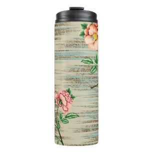 Orangefarbene und rosa Vintage Blume mit grünen Bl Thermosbecher