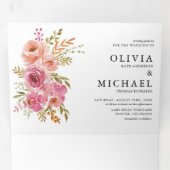 Orangefarbene und rosafarbene Blume Herbst Hochzei Dreifach Gefaltete Einladung (Innen Erste Seite)